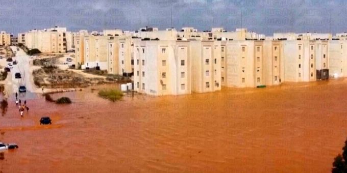 Überflutete Strassen in Marj. Katastrophengebiet in Libyen