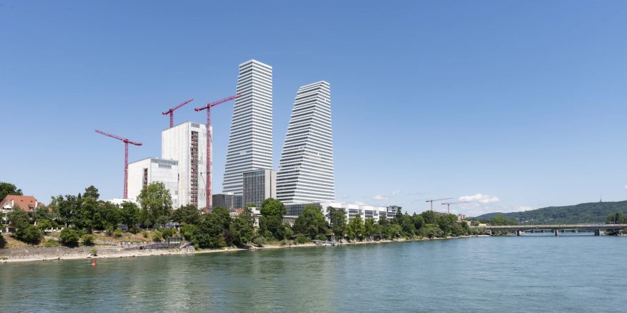 Der Rhein und die Roche-Towers in Basel. Die Türme sind zum Wahrzeichen Basels geworden.