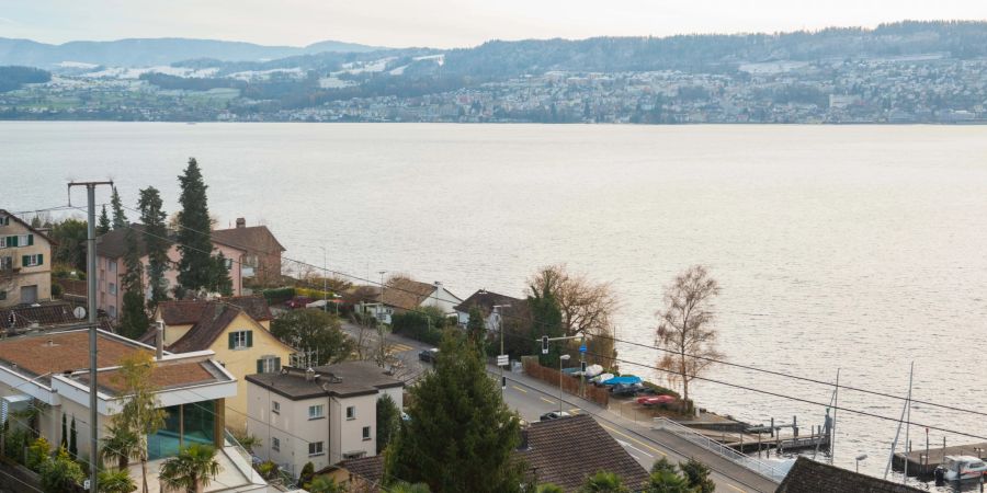 Das untere rechte Zürichseeufer bei der Gemeinde Herrliberg im Bezirk Meilen.