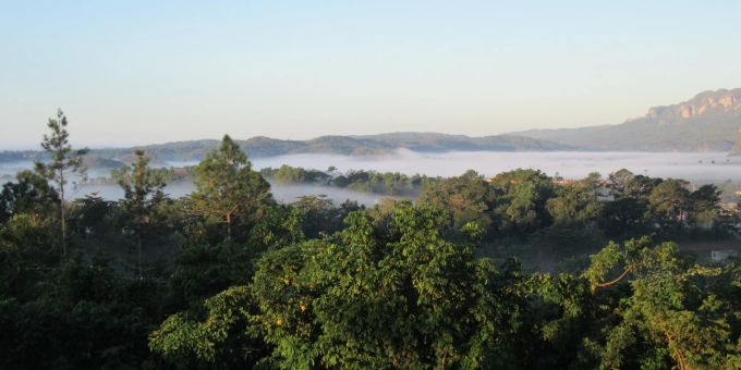 Grandioser Ausblick in das von Morgennebel verhangene Viñales-Tal. Wald Tal Ausblick Wolken