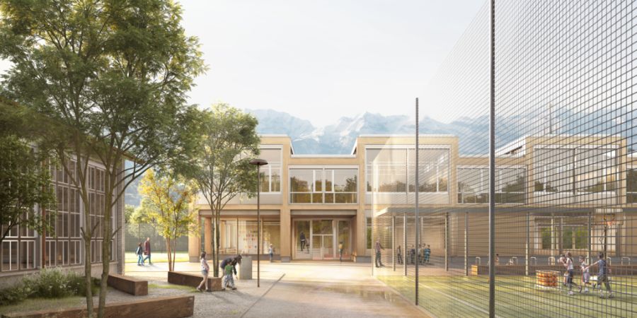 So soll die Schule im Thuner Lerchenfeldquartier nach ihrer Sanierung und Erweiterung aussehen. (Visualisierung)