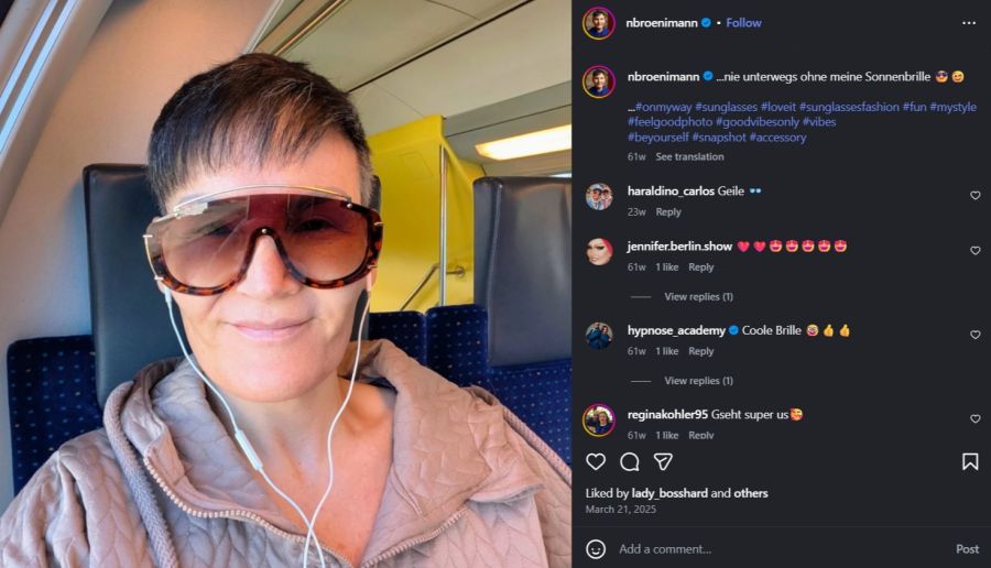 Im Frühling 2025 zeigte sich Brönimann entspannt im Zug und nutzte zu diesem Zeitpunkt den Doppelnamen Nadia/Chris.