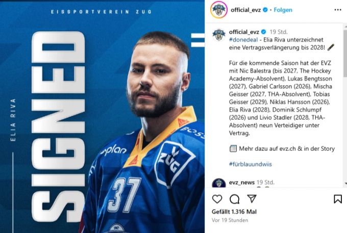 Elia Riva verlängert beim EV Zug. EV Zug