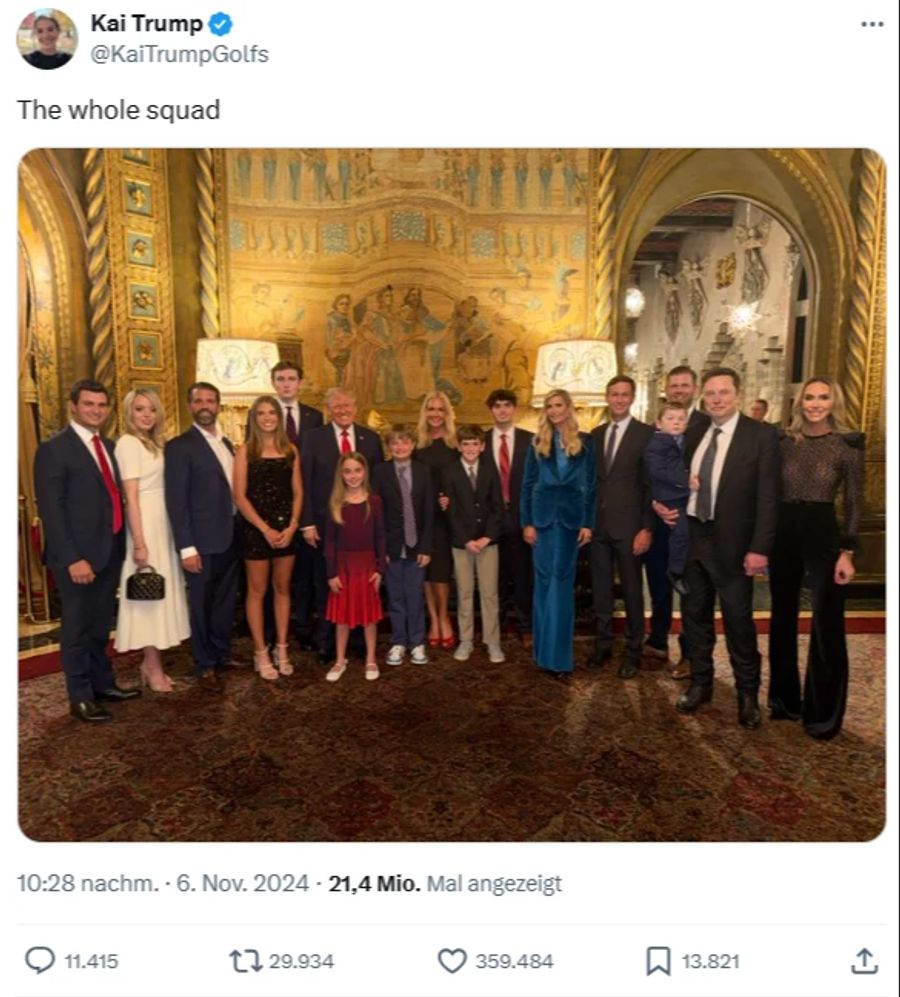 Bald auch im Weissen Haus? Aufs Familienfoto nach der Wahl Trumps hat es Elon Musk bereits geschafft.