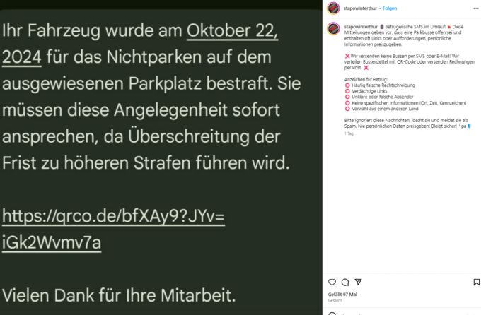 Die Stadtpolizei Winterthur ist über die Betrugsversuche informiert und warnt auf Instagram vor den falschen Bussen. Stadtpolizei Winterthur