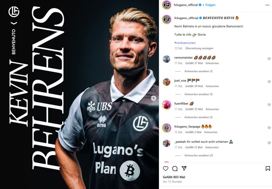 Zahlreiche Fans posten Regenbogen-Flaggen unter den Behrens-Post. «Ihr solltet euch echt schämen.»