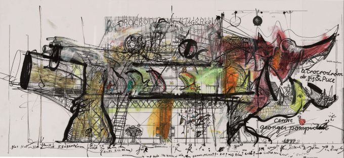 Bernhard Luginbühl und Jean Tinguely, Le Crocrodrome de Zig & Puce (Ausstellungsflyer), 1977, 55 x 120 cm, überarbeiteter Ausstellungsflyer mit schwarzem Filzstift, Gouache und Collage Museum Tinguely, Basel, Schenkung Prof. Dr. Roland Bieber in Erinnerung an Karola Mertz-Biebe Jean Tinguely