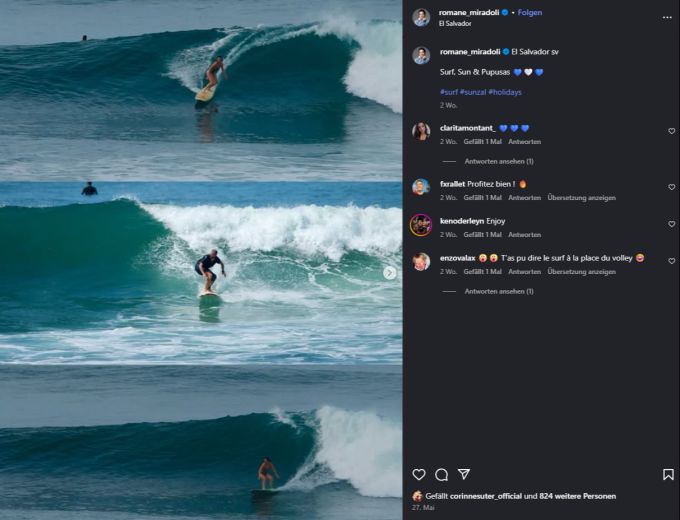 Romane Miradoli zeigt sich auf Instagram beim Surfen. Romane Miradoli