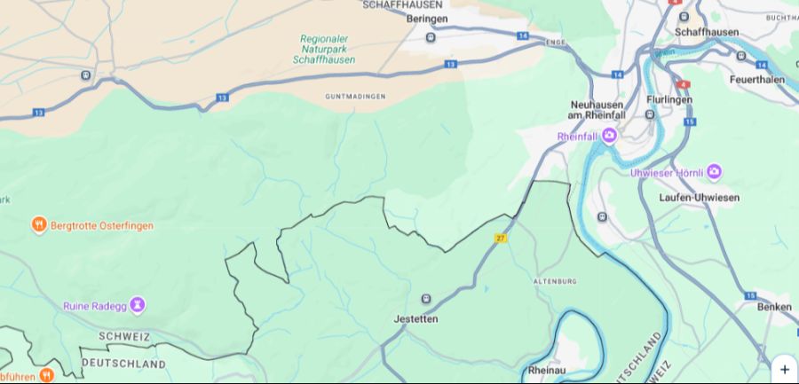 Jestetten liegt unmittelbar an der Schweizer Grenze und in der Nähe des Rheinfalls.