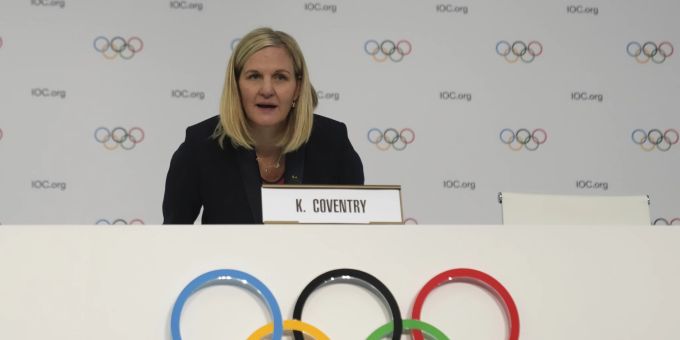 Kirsty Coventry arrives for a press conference after she was elected as the new IOC President at the International Olympic Committee 144th session in Costa Navarino, western Greece, Thursday, March 20, 2025. (AP Photo/Thanassis Stavrakis).Greece Olympics IOC Election IOC Trump