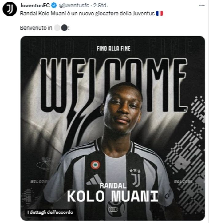 Juventus bestätigt den Zuzug von Randal Kolo Muani. Juventus