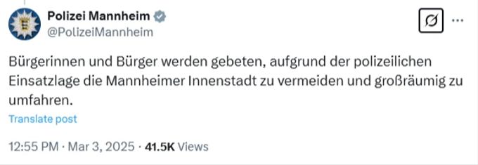 Der Post der Mannheimer Polizei auf X. Twitter Mannheim