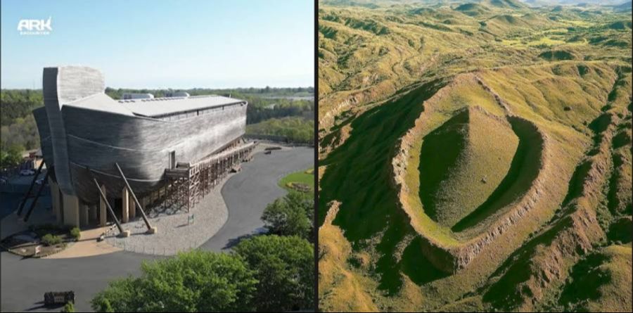 Bisher wurden keine konkreten Beweise gefunden, dass es die Arche Noah wirklich gab. Links: Ein Nachbau der Arche Noah in Kentucky (USA). Rechts: Hier soll die wahre Arche Noah liegen.