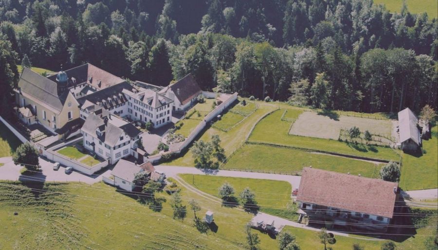 Luftaufnahme des Klosterareals mit dem Pächterhaus und Stall (rechts).