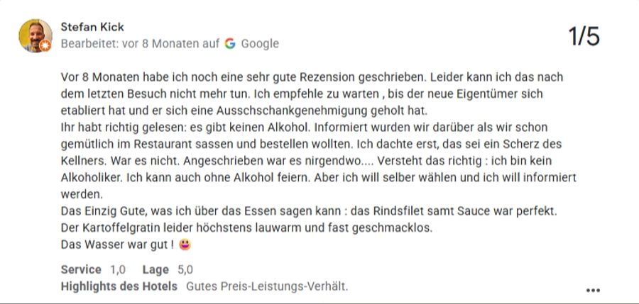 Lobende Worte hat dieser Gast höchstens für das Rindsfilet und das Wasser.