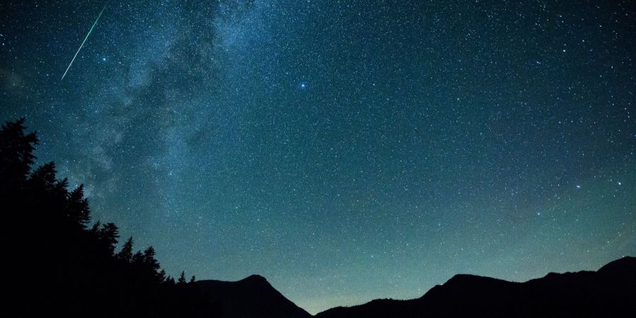 Eine Sternschnuppe leuchtet am Himmel über dem Walchense (Bayern)