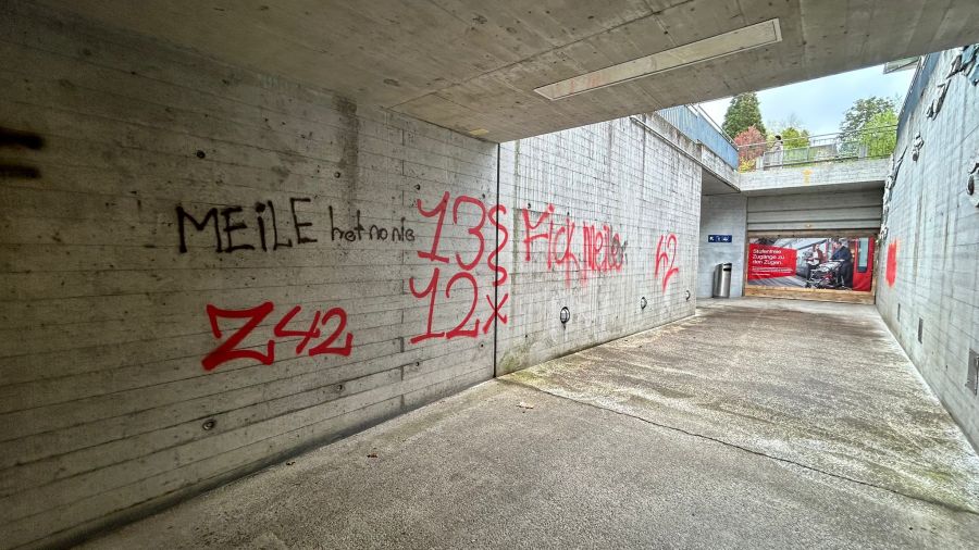 Diese Aufnahme zeigt weitere Graffiti in der Unterführung beim Bahnhof Männedorf ZH.