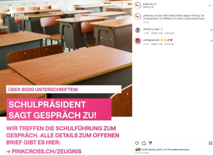 «Pink Cross» verkündet das Gespräch auf Instagram. Instagrampost Pink Cross