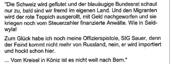 Ein Ausschnitt aus den bedrohenden Mails an die SP-Nationalrätin. Den angeblichen Wohnort Köniz BE wählte der verurteilte Zürcher wohl wegen der geografischen Nähe. Kiener Nellen Waffenrecht SP