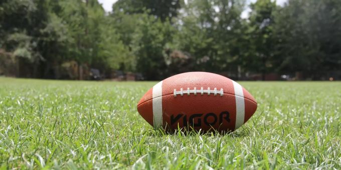 Ein Football liegt im Rasen. american football