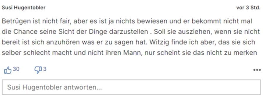 «Susi Hugentobler» findet, Iris Klein handle unfair. Sie solle ihrem Ehemann zuerst die Chance geben, sich zu erklären.