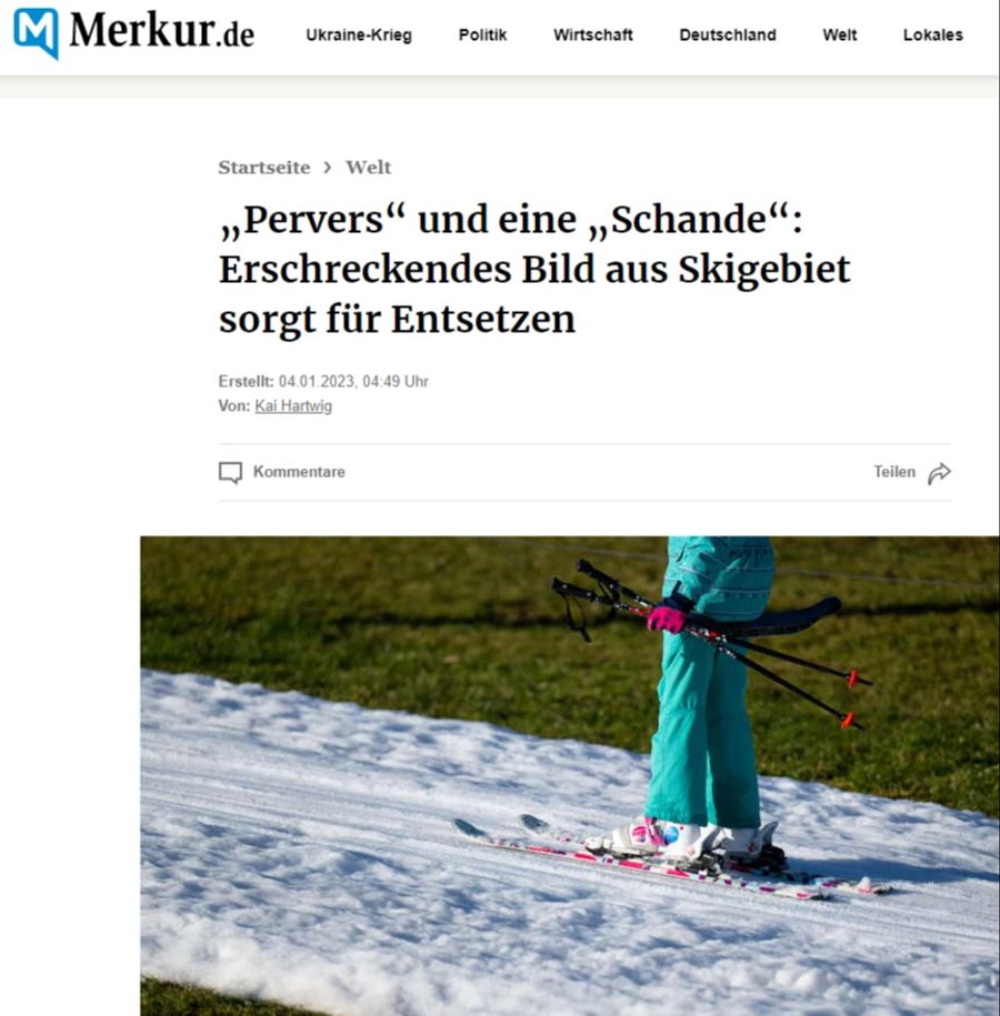 Das deutsche Medium «Merkur» berichtet von zornigen Schweizer Skifahrern auf grünen Skipisten.