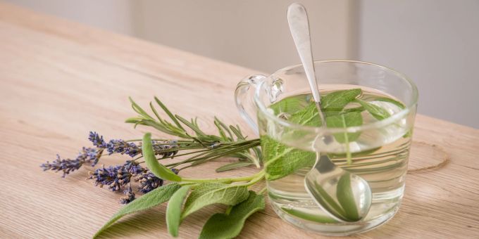 Rosmarin, Lavendel und Salbei lassen sich für frische Tees verwenden. Lavendel Salbei Wasser Glas Löffel