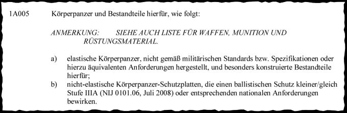 Ausriss aus dem Anhang 2 der Güterkontrollverordnung, wo in Kategorie 1A005 Schutzwesten als «dual-use» definiert werden. Güterkontrollverordung dual-use Schutzwesten
