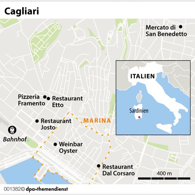 Galt die italienische Urlaubsinsel Sardinien lange Zeit als Hochburg einfacher, bäuerlicher Küche, so mausert sie sich zusehends. Besonders in Sardiniens Hauptstadt Cagliari haben junge, wilde Köche das Zepter längst übernommen. Grafik dpa Cagliari Zentrum