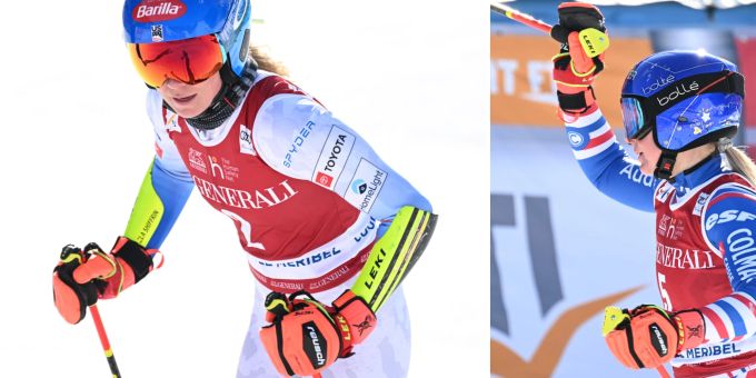 Mikaela Shiffrin setzt Tessa Worley im 1. Durchgang des Riesenslalom in Méribel unter Druck. tessa worley