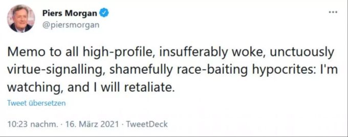Piers Morgan schreibt bedrohliche Nachrichten auf Twitter. meghan markle