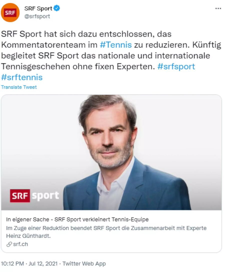 SRF teilt am Montag den Abgang von Heinz Günthardt mit.