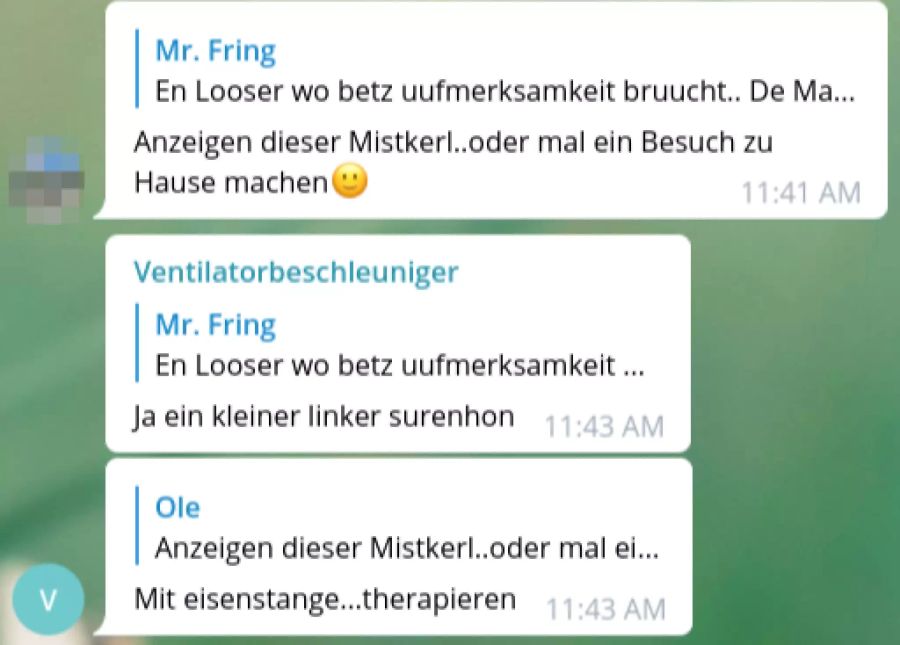 In einem Telegram-Chat wird gegen das Opfer des Flaschen-Angriffs in Olten SO gehetzt.