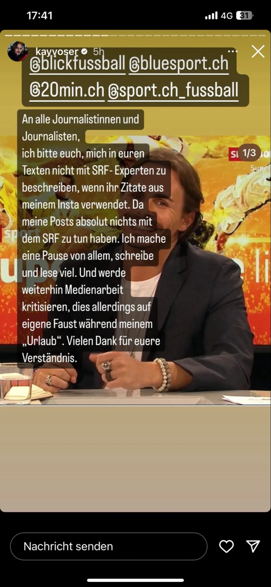 In einer Story auf Instagram kündet Kay Voser an, während seinen Ferien weiter Medienarbeit zu kritisieren.