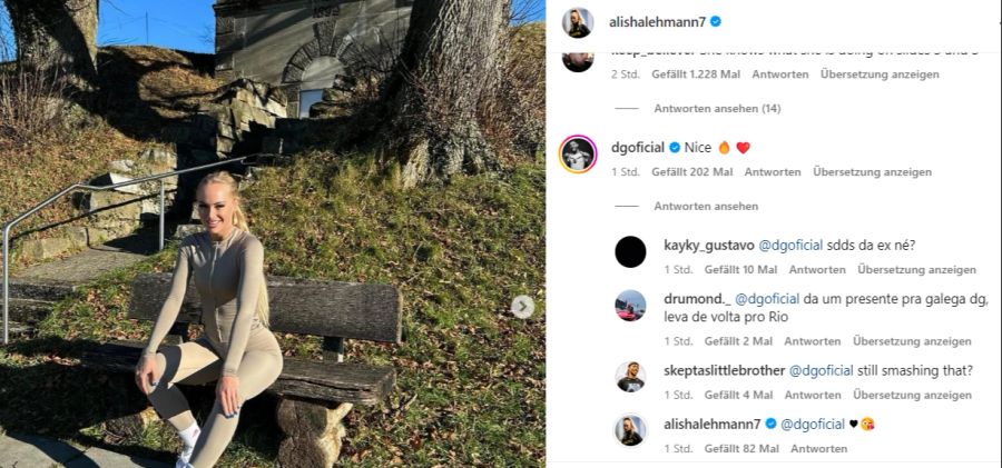 Douglas Luiz kommentiert das Foto von Alisha Lehmann, diese antwortet mit einem Kuss-Emoji.