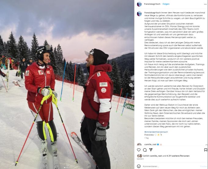 Franziska Gritsch informiert auf Instagram. Franziska Gritsch