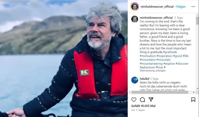 Mit diesem Post gab Reinhold Messner einigen Followern das Gefühl, dass er krank sein könnte. ans reinhold messner