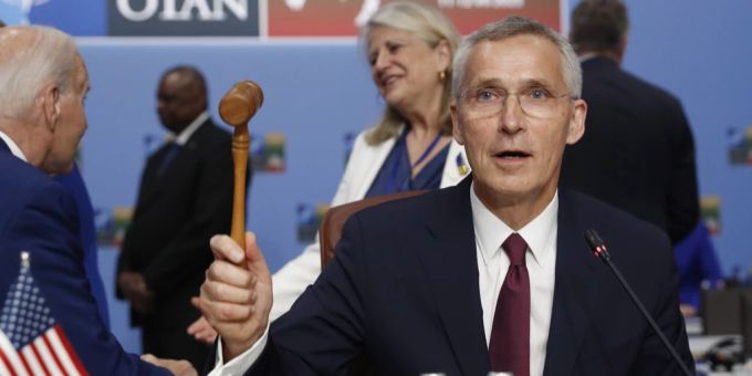 Nato-Generalsekretär Jens Stoltenberg zum Gipfel des Militärbündnisses in Vilnius, Litauen, 11. Juli 2023. Dort beschloss die Nato, die Eröffnung eines Büros in Genf zu prüfen. Stoltenberg Nato Vilnius
