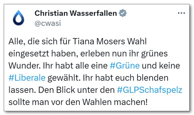 FDP-Nationalrat Christian Wasserfallen kritisiert den Entscheid von Grünliberalen-Ständerätin Tiana Moser. Christian Wasserfallen Tiana Moser