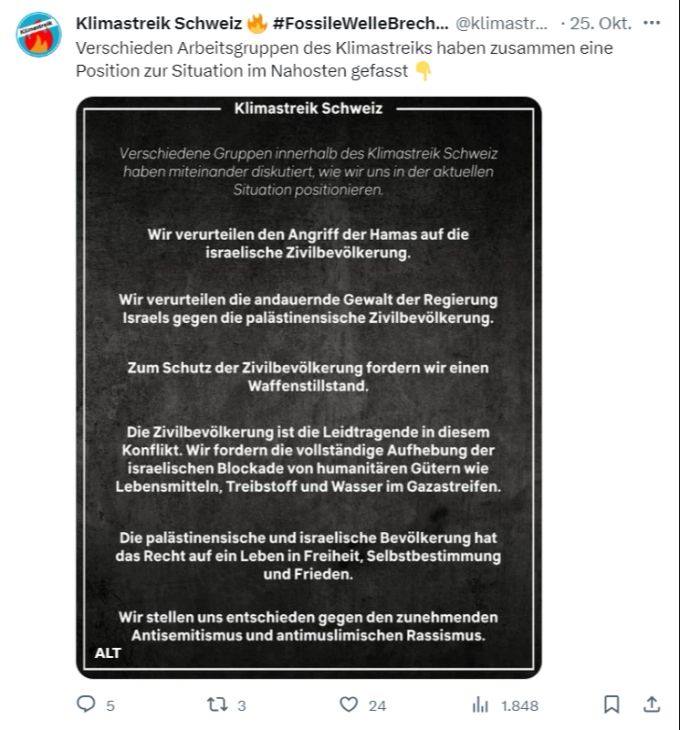 Die Position von Klimastreik Schweiz zum Nahostkonflikt. Klimastreik Nahost
