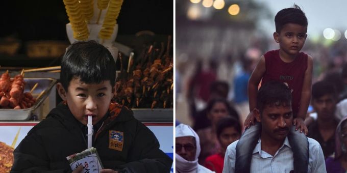 Ein Kind in China und ein Kind in Indien, dass von seinem Vater getragen wird. China Indien