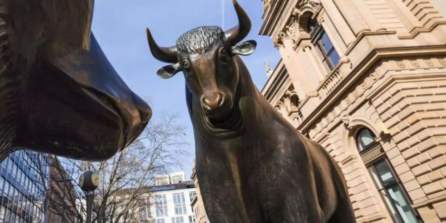 Der Bulle aus der Bronzeplastik «Bulle und Bär» steht vor dem Gebäude der Frankfurter Wertpapierbörse. (Archivbild). Foto: Frank Rumpenhorst/dpa