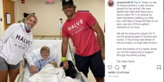 Greg Olsen (r.), ehemaliger Tight End der Seattle Seahawks in der NFL, besucht seinen Sohn TJ im Spital. NFL