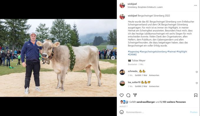 Auf seinem letzten Instagram-Post posiert Joel Wicki noch mit dem Sieger-Muni vom Bergschwinget in Sörenberg. Joel Wicki