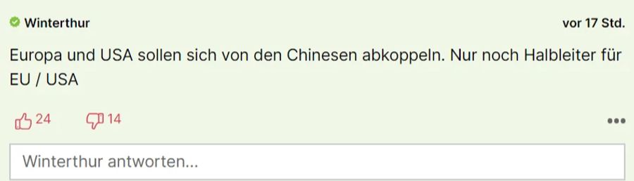 Dieser Leser findet, wir sollten von China unabhängig werden.