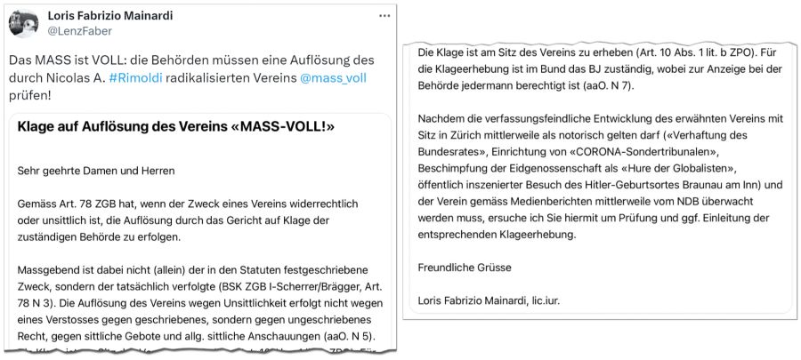 Jurist Loris Mainardi begründet in seinem Schreiben die Klage zur Auflösung des Vereins "Mass-Voll".