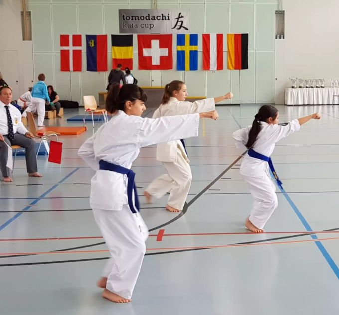 Dieses Dreierteam hat den blauen Gurt bereits erkämpft. Karate Club Strengelbach