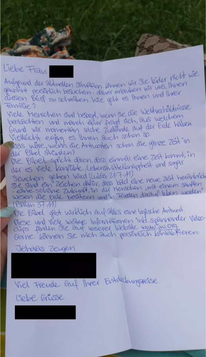 Der Brief der Zeugen Jehovas. zeugen jehovas brief