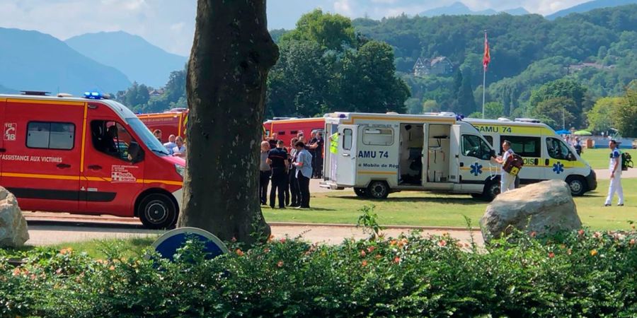 Krankenwagen und Rettungsfahrzeuge stehen am Einsatzort nach dem Messerangriff in einem Park.