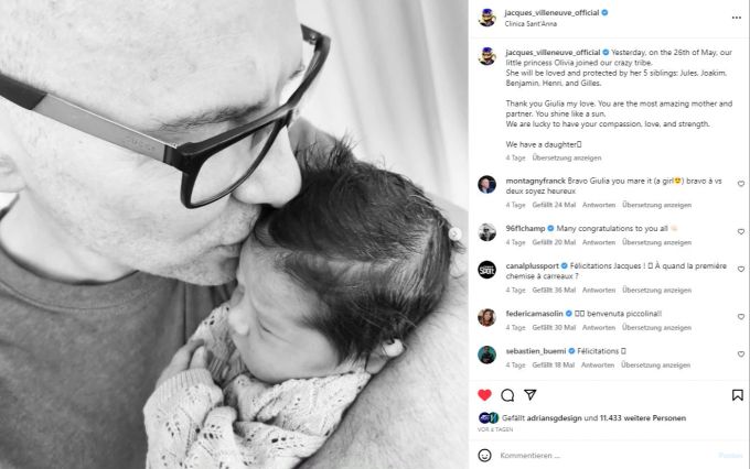 Jacques Villeneuve durfte Ende Mai die Geburt seines sechsten Kindes – Töchterchen Olivia – feiern. Jacques Villeneuve Tochter Olivia